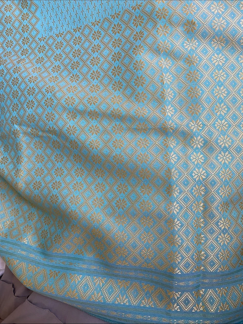 Ornate Aqua and Gold Woven Tablecloth with Fringe Trim
